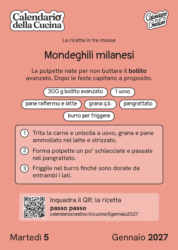 Foglio di martedì 5 gennaio 2027 del Calendario della Cucina 2027: Mondeghili milanesi