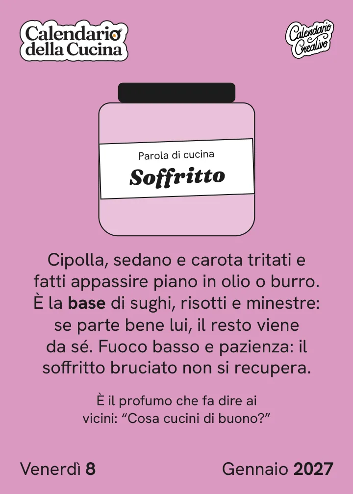 Foglio di venerdì 8 gennaio 2027 del Calendario della Cucina 2027: Soffritto
