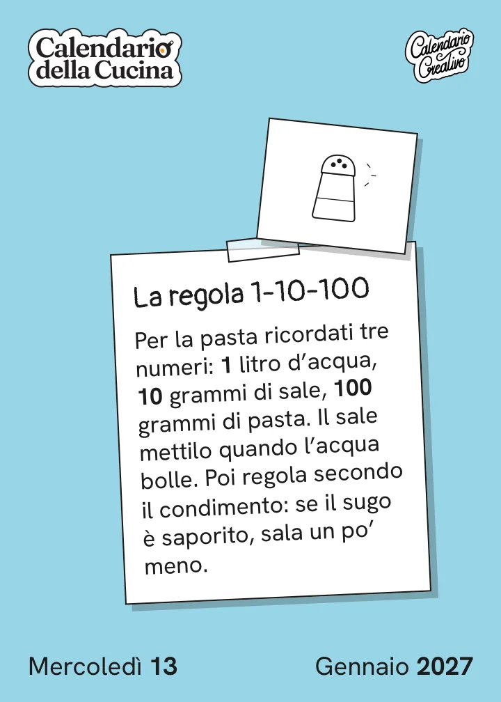 Foglio di mercoledì 13 gennaio 2027 del Calendario della Cucina 2027: La regola 1-10-100