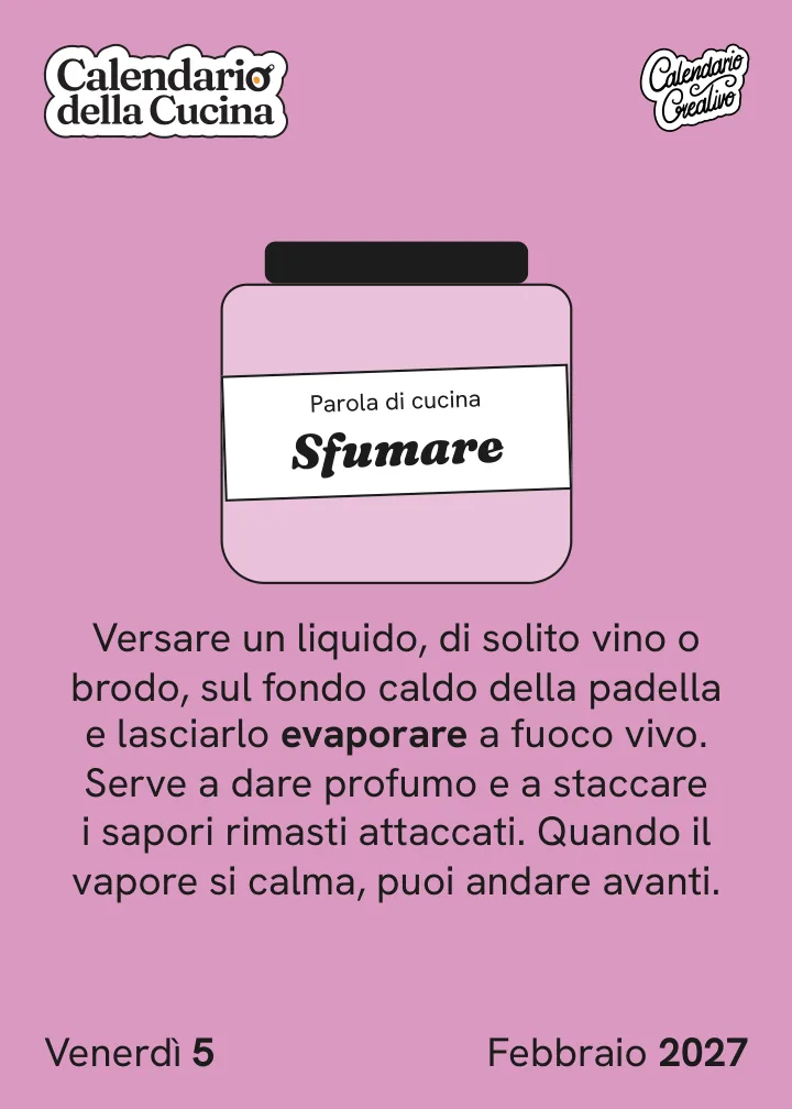 Foglio di venerdì 5 febbraio 2027 del Calendario della Cucina 2027: Sfumare