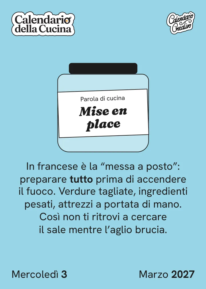 Foglio di mercoledì 3 marzo 2027 del Calendario della Cucina 2027: Mise en place