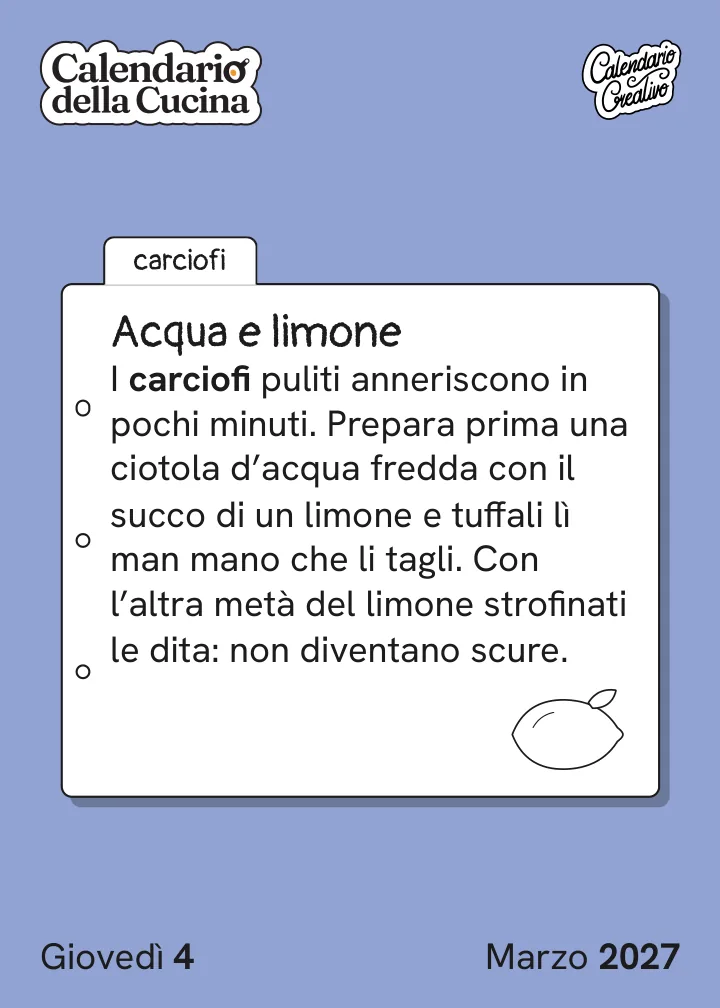 Foglio di giovedì 4 marzo 2027 del Calendario della Cucina 2027: Acqua e limone