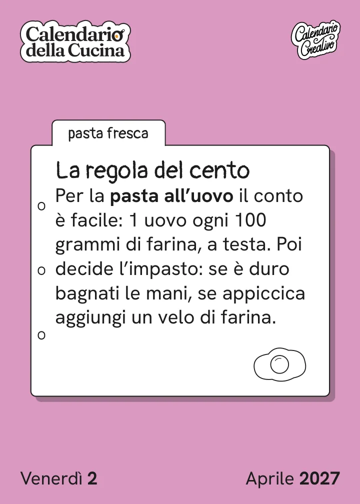 Foglio di venerdì 2 aprile 2027 del Calendario della Cucina 2027: La regola del cento