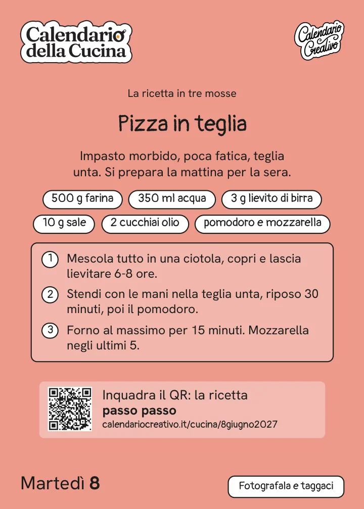 Foglio di martedì 8 giugno 2027 del Calendario della Cucina 2027: Pizza in teglia