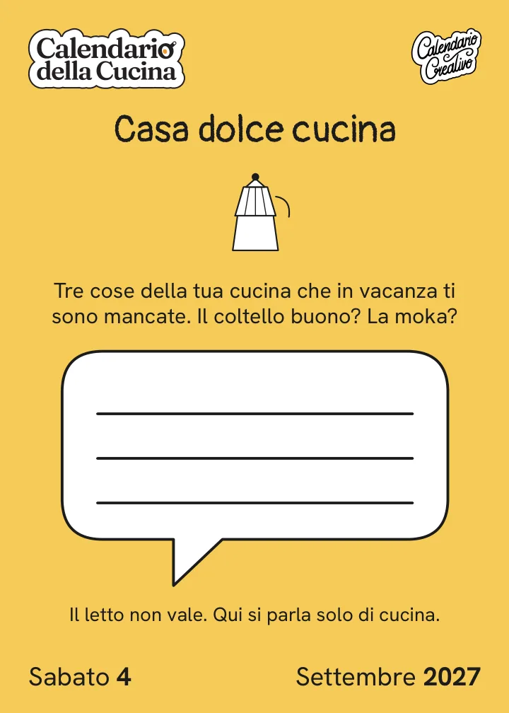 Foglio di sabato 4 settembre 2027 del Calendario della Cucina 2027: Casa dolce cucina