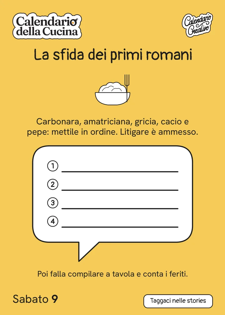 Foglio di sabato 9 ottobre 2027 del Calendario della Cucina 2027: La sfida dei primi romani