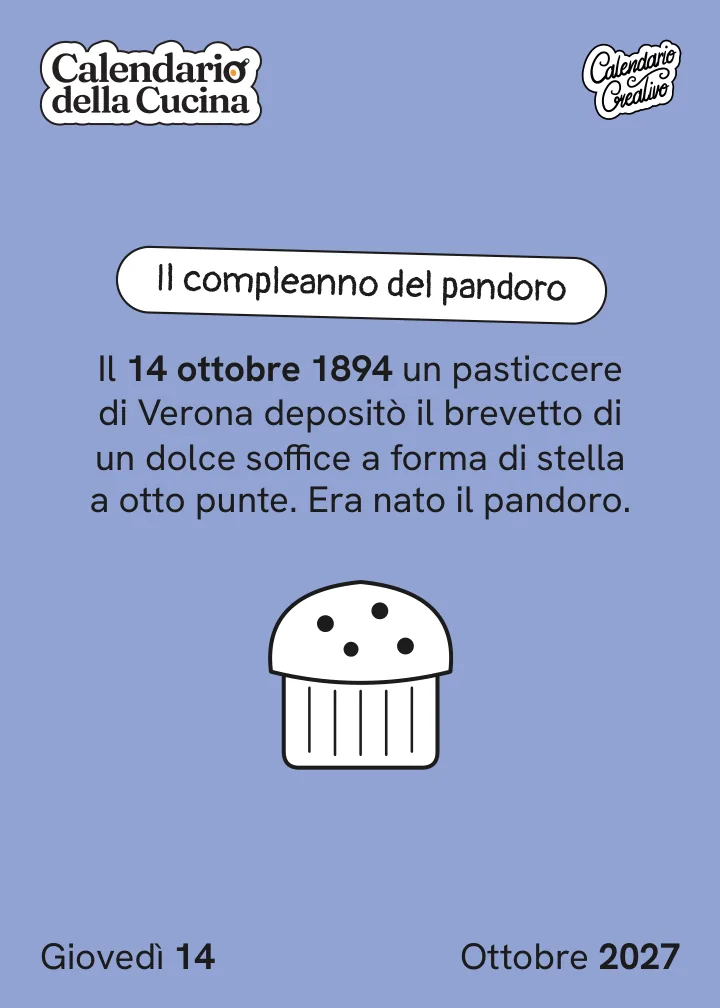 Foglio di giovedì 14 ottobre 2027 del Calendario della Cucina 2027: Il compleanno del pandoro