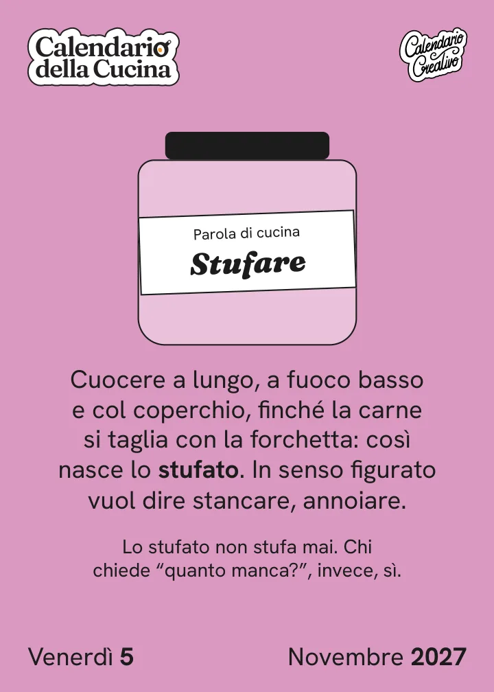 Foglio di venerdì 5 novembre 2027 del Calendario della Cucina 2027: Stufare