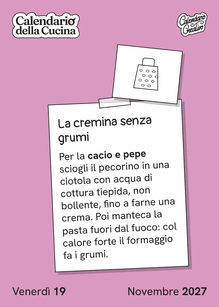 Foglio di venerdì 19 novembre 2027 del Calendario della Cucina 2027: La cremina senza grumi