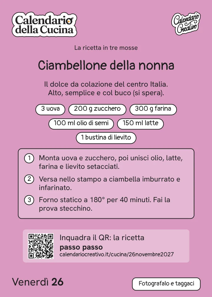 Foglio di venerdì 26 novembre 2027 del Calendario della Cucina 2027: Ciambellone della nonna