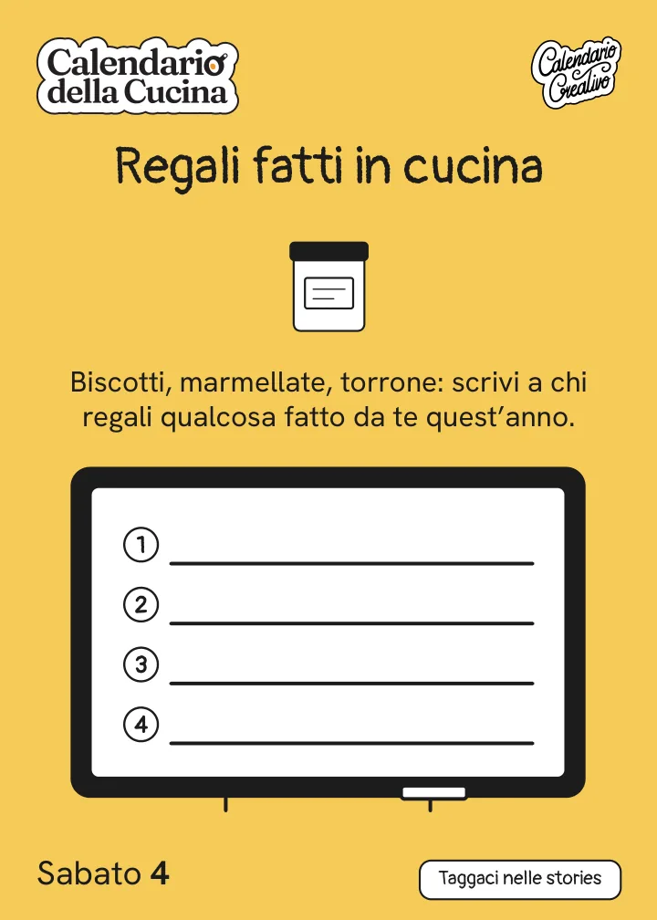 Foglio di sabato 4 dicembre 2027 del Calendario della Cucina 2027: Regali fatti in cucina