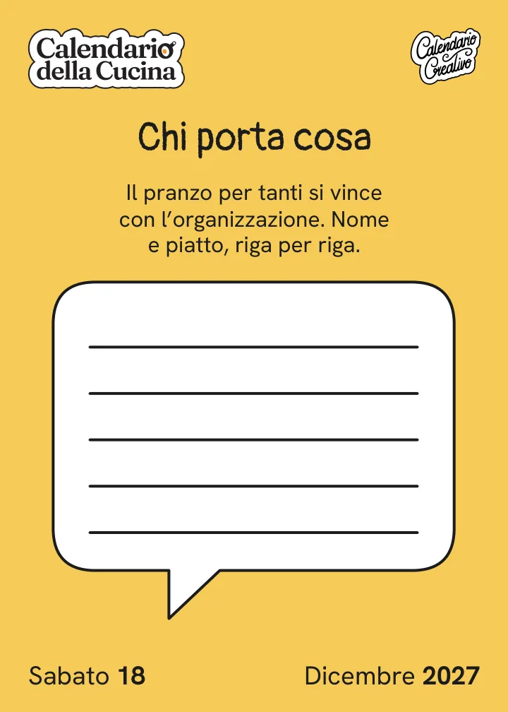 Foglio di sabato 18 dicembre 2027 del Calendario della Cucina 2027: Chi porta cosa