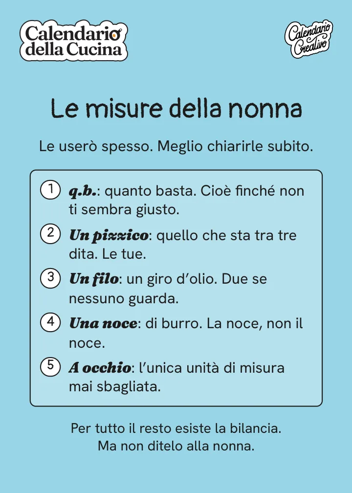 Pagina introduttiva del calendario: le misure della nonna, da quanto basta ad a occhio